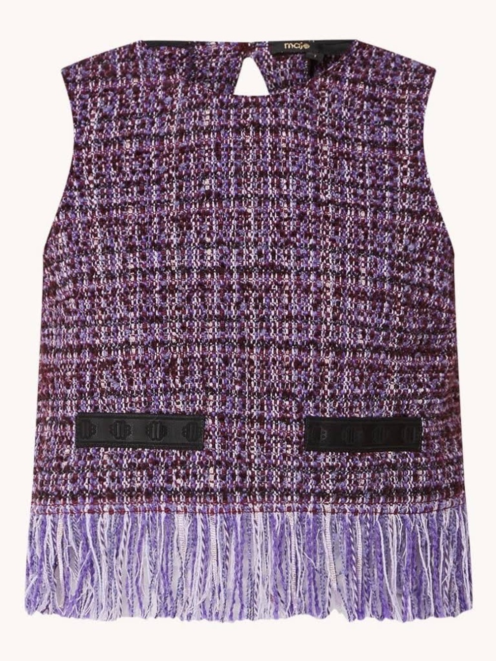 MAJE Purple tweed sleeveless fringed top